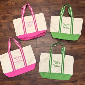 Custom Pink and Green Tote Bags Stitched by Threaded by the Books in Bakersfield CA