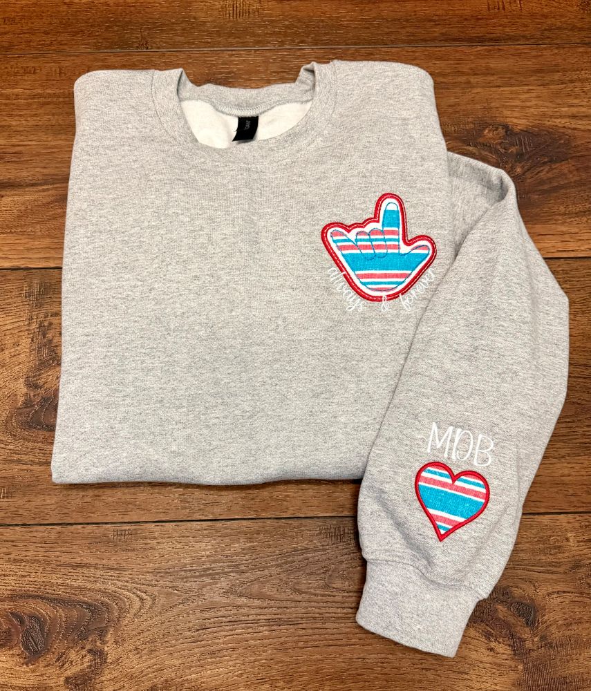 ASL “ILY” Sweatshirt Stitched by Threaded by the Books Custom Embroidery in Bakersfield CA