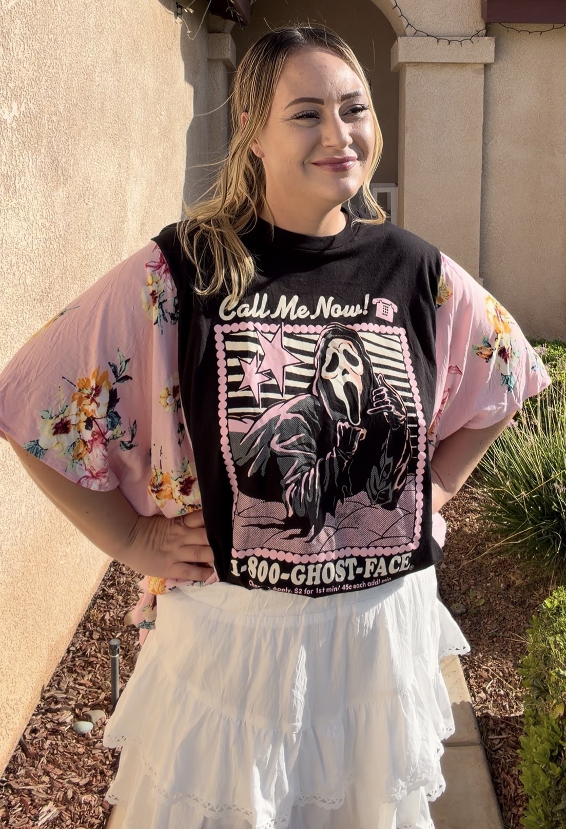 Pink-Black-Ghost-Face-Tee-Custom-Kimono-Tee-by-Threaded-by-the-Books-Custom-Kimono-Tees-in-Bakersfield-CA