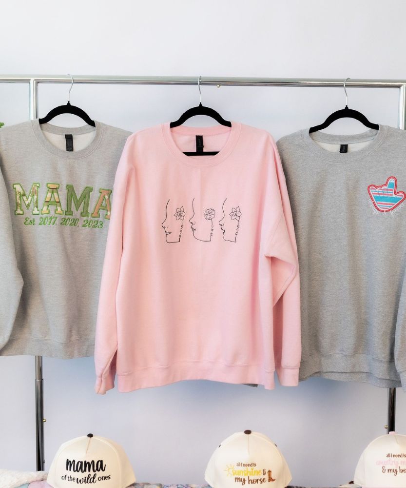 Silhouette Outline with Birth Flower Portrait Sweatshirt Stitched by Threaded by the Books Custom Embroidery in Bakersfield CA