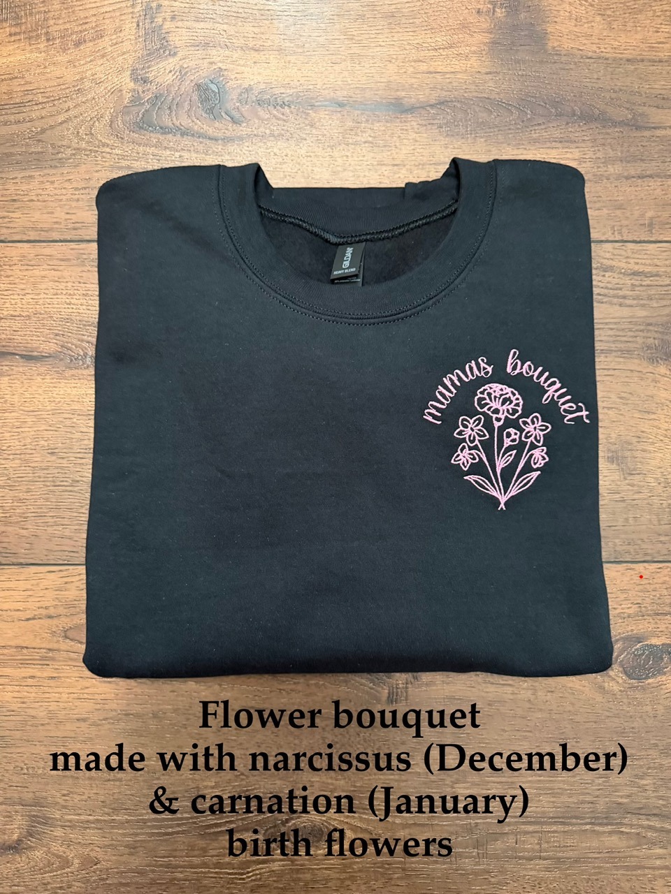 Threaded by the Books Custom Embroidery Sweatshirts Black Sweatshirt with Birth Flower Stitched Bakersfield CA